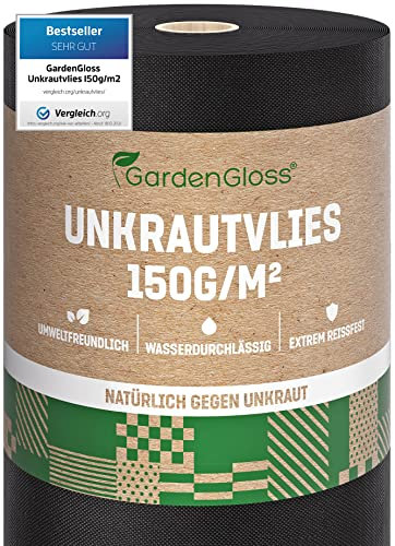 GardenGloss 50m2 Unkrautvlies Gartenvlies 150g/m2 Extra Stark Gegen Unkraut – Extrem Reissfest und Hohe UV-Stabilisierung – Unkrautfolie Wasserdurchlässig (50m x 1m, 1 Rolle)
