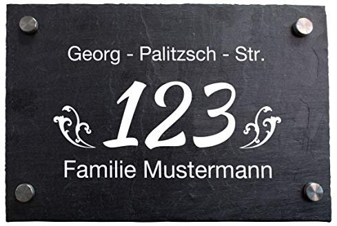 wandmotiv24 Personalisierte Hausnummer Hausnummernschild aus Naturstein Schiefer, auf Schiefertafel, mit individueller Beschriftung Hausnummer, Familienname, Straße M0050