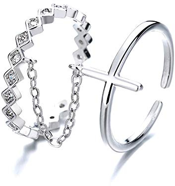 NewZenro Double Open Cross Faith Rings for Women Silver Plated CZ Geometric Chain Unique knuckle Stacking Finger Adjustable Statement Engagement Ring Gifts for Her Bff Xmas
