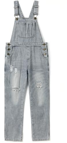 KIDSCOOL SPACE Salopette di jeans per bambina, abbigliamento da lavoro in jeans strappati da bambino grande, grigio chiaro, 10-11 anni