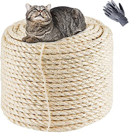 Corde en Sisal Naturel 8mm x 60m Naturel,Blanc Mural+Une Paire de Gants de Protection,Ficelle pour Griffoir l'arbre à Chat Pot de Fleurs Table de Jardin