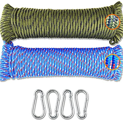 Wellmax Diamond Braided Polypropylene Rope with Uv Treatment and Weather Resistant, 2 Pack 3/16 Inch X 100ft Multi-Color with 4 Bonus Spring Links