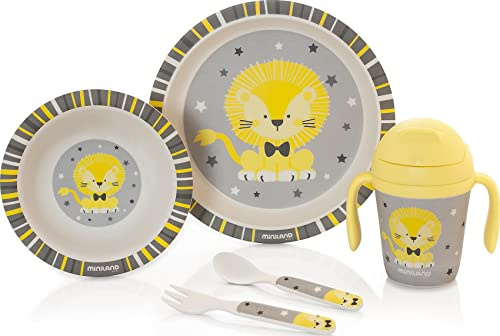 MINILAND - Stoviglie per bambini Naturmeal Leo. Include piatto, ciotola, bicchiere e posate per bambini.
