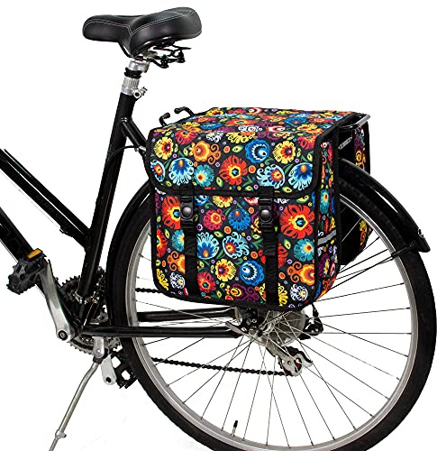 BikyBag Classic CE - Double Bicycle Panniers - 26L Water-Resistant Bike Pannier Bag for Rear Rack | Commuter & Shopping Cycling Bag (Folklore Flowers)