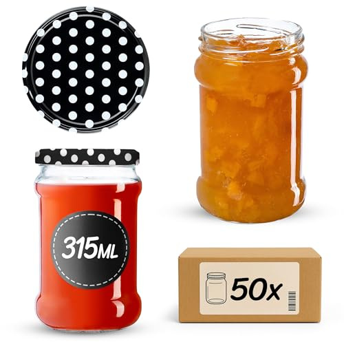 KADAX Små konserveringsburkar 315 ml, fi66, Förvaringsburkar Glas för Honung, Syltburkar med Lock, Lufttäta Glas, Konserveringsglas, Runda Glas, Syltburkar, Honungsglas (50 stycken, Svart Prickig)
