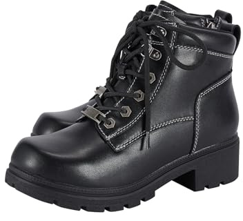 RiderVibe Women's Ankle Boot Black Motorcycle Boot with Side Zipper Lace Up Military Combat Boots Faux Leather Ankle Booties Riding Biker Boots for Women Size 7.5