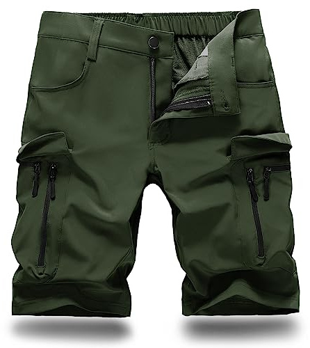 Hiauspor Pantaloni corti da uomo, estivi, leggeri, con 7 tasche, bermuda da trekking, pantaloni cargo, da uomo, corti per mountain bike, pantaloni da ciclismo Chino Sport Stretch, verde militare, L