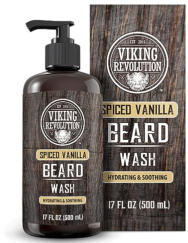 Viking Revolution Spiced Vanilla Beard Wash for Men with Argan Oil and Jojoba Oil - Beard Softener and Strengthener Beard Shampoo with Beard Oil - Beard Care to avoid Beard Dandruff and Itch (17 oz)