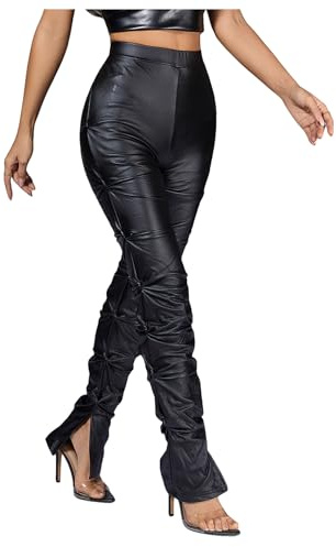 WDIRARA Women's Pu Leather Split Side High Waist Skinny Trousers Twist Side Long Pants Black M