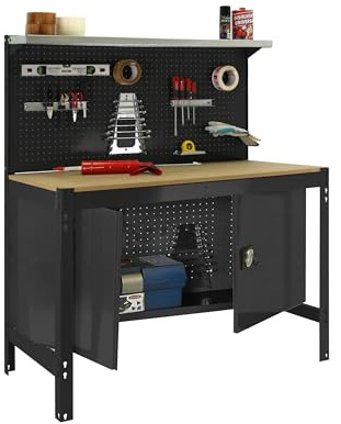 SimonRack Arbetsbänk Verkstad, Lastkapacitet 600 kg, 1445 x 1210 x 610 mm, Arbetsbord, Verktygsförvaring, Antracit/Trä - BT3