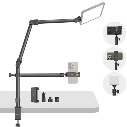 SMALLRIG Soporte para Cámara de Escritorio en Directo con Brazo Flexible de 3 Piezas, Soporte de Altura Ajustable con Soporte para Teléfono, para cámara DSLR, luz LED, Carga MAX.3,3kg - 4456