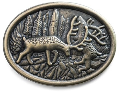 Schöneberger Traditionell couture bältesspänne hjort & vapensköld, utbytbart lås för 40 mm bälte – läderbyxor, kostymspänne Bayern för kostymbälte, Hjortbrunft/mässing antik, En Storlek