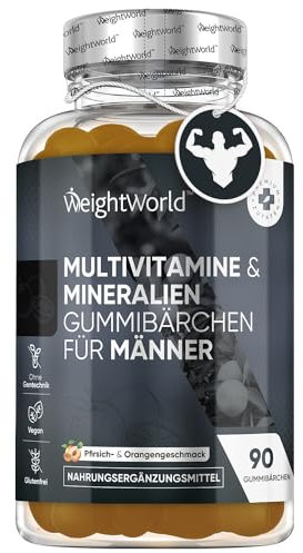 Multivitamin Gummies for Men | 90 Vegan Gummies | with Added Herbal Extracts Like Maca, Panax Ginseng | 8 Multivitamins and 4 Minerals | Mixed Peach & Orange Flavour | Gluten-Free & Non-GMO