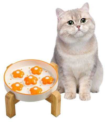 Elevated Slow Feeder Cat Bowl - Maze Puzzle Cat Food Dish with Bamboo Stand, Anti-Slip - Raised Base for Comfortable Eating - 6 OZ - Bright Orange Flower