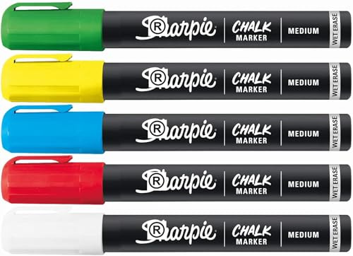 5 x Sharpie Chalk Marker Pens | Medium Point Bullet Tip Nib | For Black Boards, White Boards, Light Boards, Plastic, Metal, Glass & More | Assorted Colour Ink - Loose in Plain Packaging