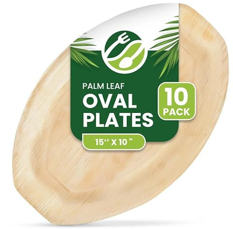 ECO Leaf - 10 platos desechables de hoja de palma, ovalados grandes, 38 cm x 25 cm, platos de boda ecológicos, bandejas resistentes de comida caliente para principiantes, canapés y fiestas