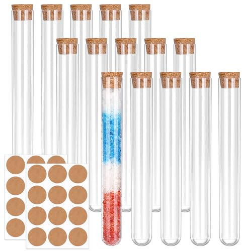 Tatxmalv 15 Stück Reagenzglas, Transparent Reagenzgläser, Kunststoff Reagenzgläser mit Korken, Reagenzglas mit 24 Piece Sticker, für Blumen, Labortisch (16 * 150mm)