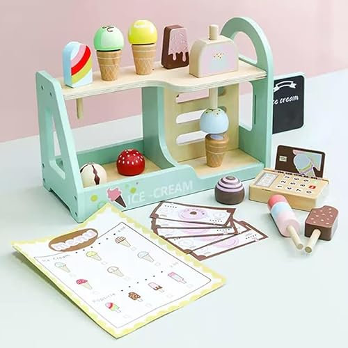 Benhurb Wooden Ice Cream Toys for Kids, Wooden Ice Cream Set Shop Pretend Play Food Toys for Toddler, Kids Role Play Toys Kitchen Accessories, Christmas Birthday Gifts for Girls Boys 3 4 5 6 Year Old