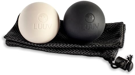 Bolas de masaje de silicona (pack 2: negro + gris) con bolsa – 63 mm | antideslizantes, olor neutro, tacto firme y cómodo | automasaje, movilidad y puntos gatillo