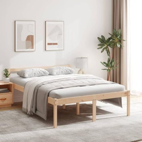 HaoChrymec Estructura de Cama Alta para Personas Mayores, Madera de Pino Maciza, con Cabecero Clásico y Almacenamiento, Camas Matrimoniales, Natural, 140x190 cm