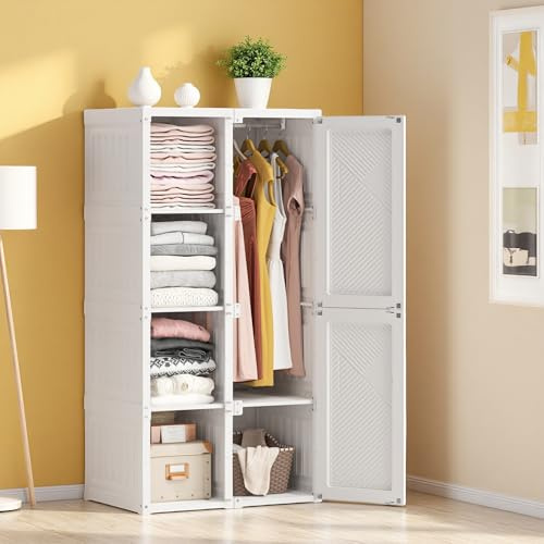 Poeahu Armario plegable de plástico, armario de almacenamiento portátil con 5 compartimentos, 6 puertas magnéticas y 1 suspensión, guardabosques para salón y pasillo, blanco, 69 x 50 x 136 cm