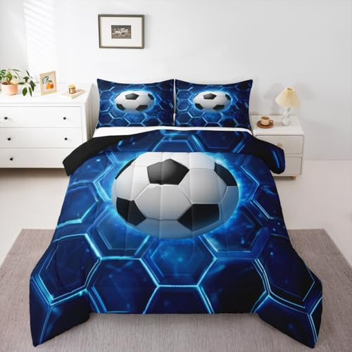 Loussiesd Fotbollssängkläder, rugby, sport, täcke, dubbelstorlek, för barn, pojkar, flickor, honungskaka sovrumsdekor, mikrofiber, 3 st med 2 örngott