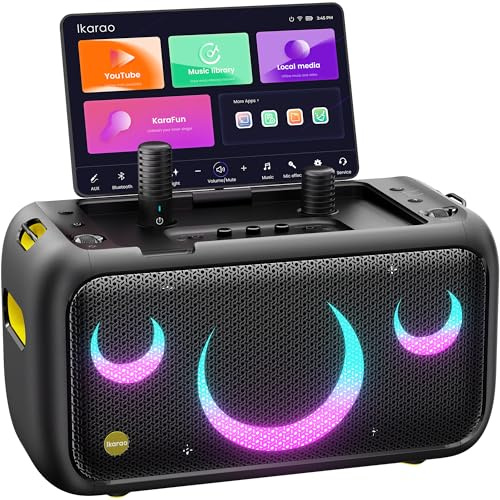 Ikarao Machine à Karaoké pour Adultes avec Affichage des Paroles, Écran Intégré 13,3″, Véritable Système PA avec 2 Microphones sans Fil, Enceinte Bluetooth 460W pour Fêtes, HDMI pour TV (Break X1)