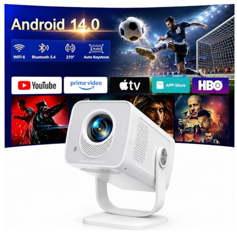 Proyector Portátil【Android 14.0 & App Integrada】 Proyector 4K/1080P Soporte Tiro Corto, Auto Keystone, WiFi 6 Bluetooth 5.4, TOPTRO MiniProyector Rotación 270° con Soporte Incluido para Cine en Casa