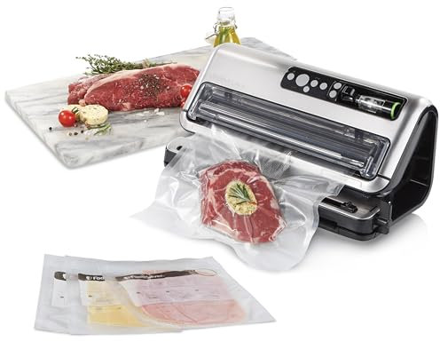 FoodSaver Vakuumiergerät für Lebensmittel | Vollautomatischer Vakuumierer mit Rollenaufbewahrung & Schneidevorrichtung | Enthält sortierte Vakuumbeutel [FFS006X], Silber
