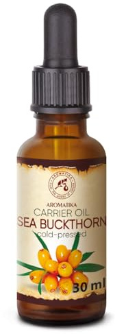 AROMATIKA Sea Buckthorn Fruit Carrier Oil 30 ml - 100% Pure & Natural Cold Pressed Unrefined Hippophae Rhamnoides Oil for Hair, Face & Body - Massage, Aromatherapy, Relaxation & Spa