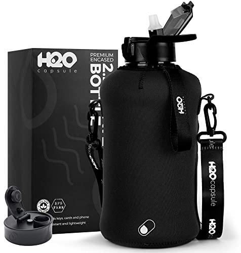 H2O Capsule 2.2L Half Gallon Water Bottle with Storage Sleeve and Covered Straw Lid – BPA Free Large Reusable Drink Container with Handle - Big Sports Jug, 2.2 Liter (74 Ounce)