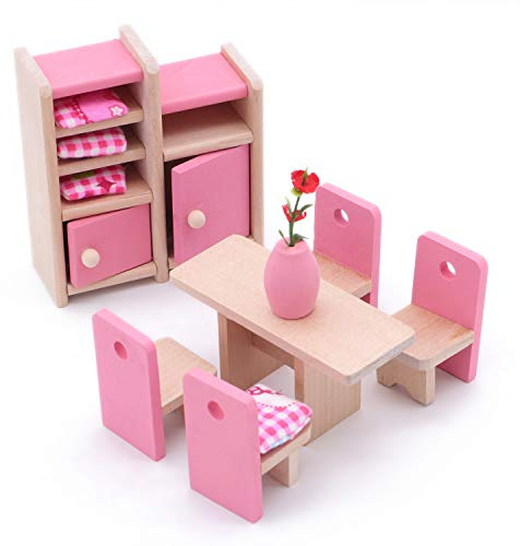 POFET Niños Comedor de Madera Casa de muñecas Muebles en Miniatura Mesa de Comedor Sillas Gabinete Juego de Juguetes Muñeca Familia Accesorios de Juego de simulación