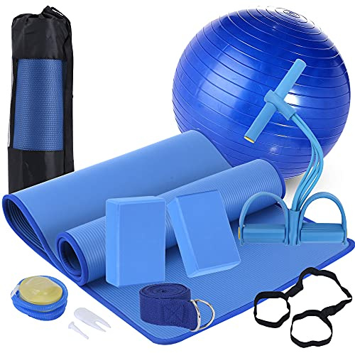 Yogamatten-Set für Anfänger, Yogamatte mit Tragegurt, Yoga-Blöcke, 2er-Pack mit Yoga-Gurt, Yoga-Ball, Knöchelzieher, 11-teiliges Yoga-Sets und Sets für Anfänger, Yoga-Starter-Set für Damen und Herren