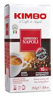 Kimbo Caffè Macinato, 250 gr, Miscela Espresso Napoli, Ideale per Moka, Intensità 10/13, Tostatura Scura