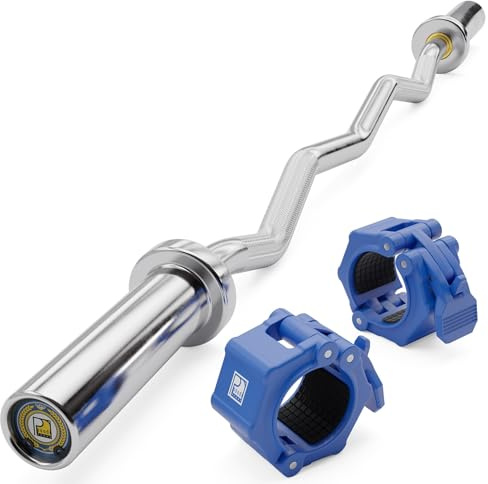 POUDI SPORT Barre curl EZ de musculation en acier chromé 120cm – 10kg | Charge max : 182kg | Ø 50mm | 2 colliers de serrage inclus (Colliers de serrage bleus)