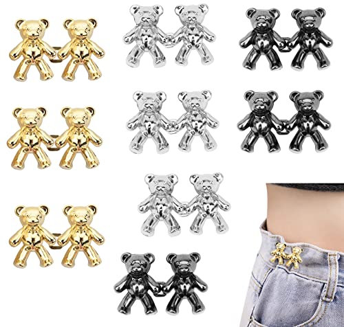 Bekecidi 9 Paar Bär Jeans Knöpfe Pins, Kein Nähen Hose Taille Straffer Jeans Knöpfe für Lose Jeans Verstellbare Taille Schnalle Niedlich Bär Hosen Clip für Rock Jeans Hosen (Silber, Gold, Schwarz)