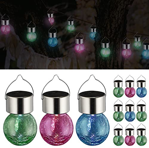 Lot de 12 lampes solaires LED « Crackle » - 6 x 13 cm - Verre et acier inoxydable - Boules roses vert clair et bleu (1 lot de 12 lampes solaires multicolores)