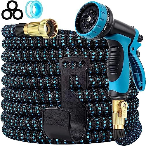 Expandable Garden Hose Pipe 100FT/30M, Upgraded Expanding Water Hose with 10 Function Spray Nozzle Gun, 3-Layer Latex Core, 1/2 & 3/4 Solid Brass Connectors, Flexible Lightweight Anti-Kink Durable