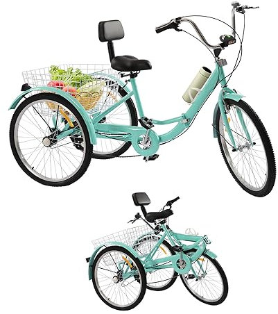 BJTDLLX 24 Zoll Falt Dreirad für Erwachsene und Senioren mit 7 Gang 3-Rad System, Korb und Licht | EU Stock (Türkis)