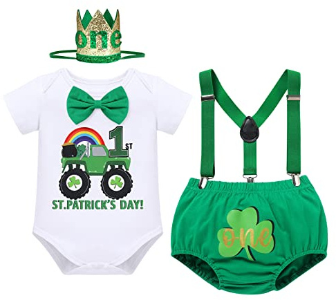 Baby Boy My First St. Patrick's Day Outfit Toddler Infant 1st Birthday Cake Smash Clover Print Short Sleeve Romper Diaper Cover Shorts Suspenders Headband Set Photo Shooting Props Green Car 6-12M