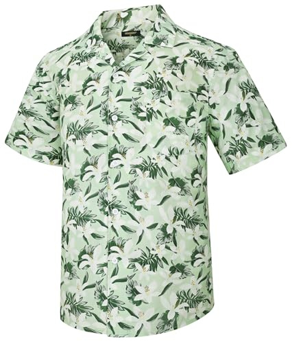 HISDERN Hawaiian Shirts for Men Cotton Short Sleeve Floral Shirt Button Down Tropical Holiday Beach Green L