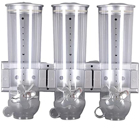 Dispenser per cereali da parete – dispenser per alimenti, serbatoio per | dispenser adatto per caramelle con tre camere e 3 tazze, dispenser per cibo secco con tre contenitori, pratico