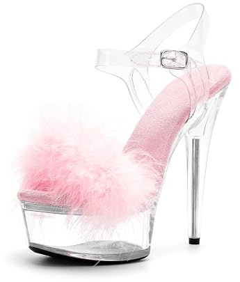 WUXIN H&P Women's 6 in Clear Platform Furry Heels Ankle-Strap Sexy, 6 in Pole Dance High Heel Platform, Exotic Clear Platform Pole Dance Heels Shoes Stiletto, Pink, 5.5 UK
