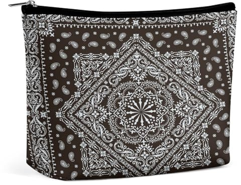Bolsa de cosméticos portátil con estampado de pañuelos de cachemira negra, bolsa de almacenamiento multifunción, bolsa de maquillaje de PU, organizador de papelería con cremallera para reuniones de of