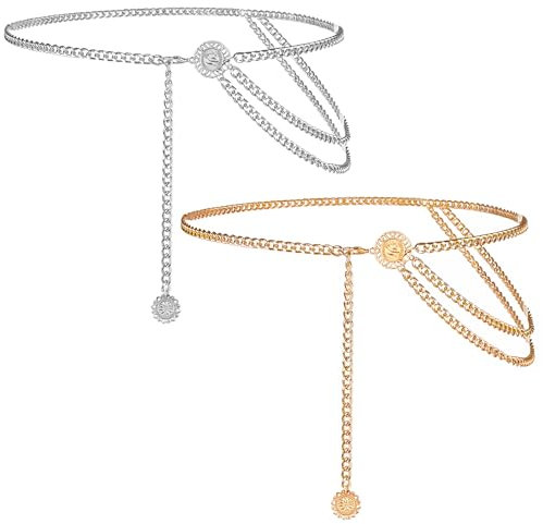2 Stück Gürtel Damen Kettengürtel, Bauchkette Gold und Silber, Verstellbarer Taillenkette Metallgürtel für Kleider und Jeans, Modischer Körperkette mit Münzanhängern für Vielseitige Anlässe