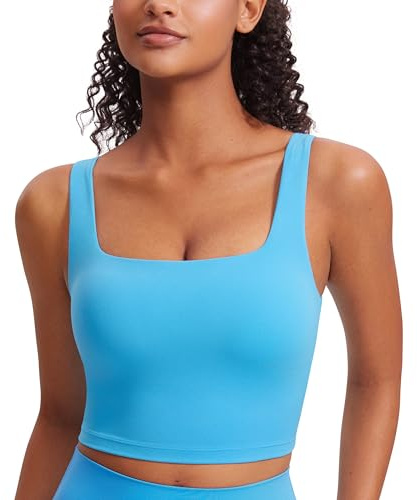 CRZ YOGA Butterluxe Square Neck Crop Tank Tops for Women - Workout Longline Sports Bras Padded Yoga Camisole Kayak Blue Small