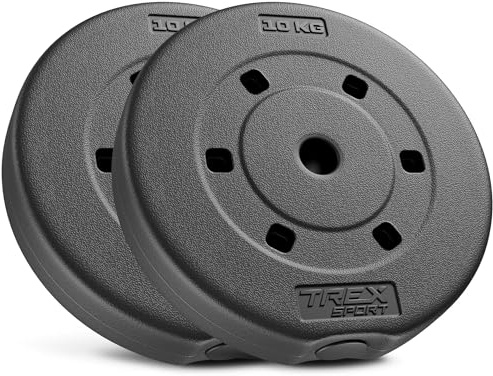 TREX SPORT Hantelscheiben Set 20 kg | Kunststoff Gewichte 2x10 kg 27 mm | Abgeschrägte Kante, Sand-Zement-Füllung, für Langhantel, Gewichtsscheiben für Krafttraining und Fitness zuhause