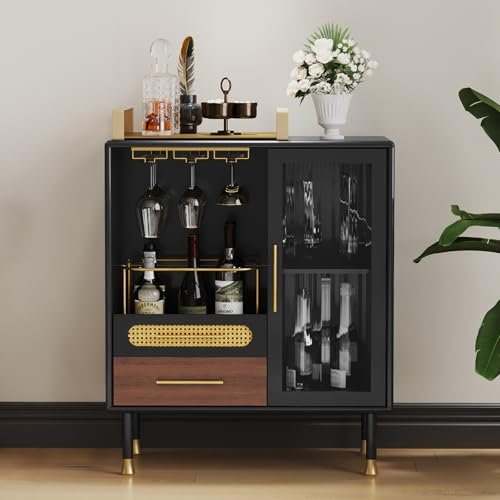 MROJISC Weinschrank Schwarz, Barschrank mit Weinglasregalen und 2 Schubladen, Modernes Bar Schrank Holzbuffet Sideboards für Wohnzimmer, Küche, Esszimmer