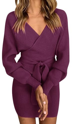 heekpek Abito Invernale Donna Maglia Elegante Mini Abiti Tubino Donna Comodi Elasticità Manica Lunga Scollo a V Corti Abiti Scollati con Cintura, Violetta, S
