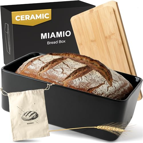 MIAMIO – Contenitore per Pane per Piano di Lavoro in Cucina/Contenitore per Pane in Ceramica con Tagliere, con Coperchio in Bambù, 32 x 20 x 11,5 cm (Nero)
